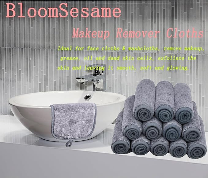Makeup Remover Cloths for Face, Eye, Lips - Reusable Makeup Remover Pads Soft Microfiber Facial Cleansing Cloths 6 x 12 inch 12 Pack (Gray)