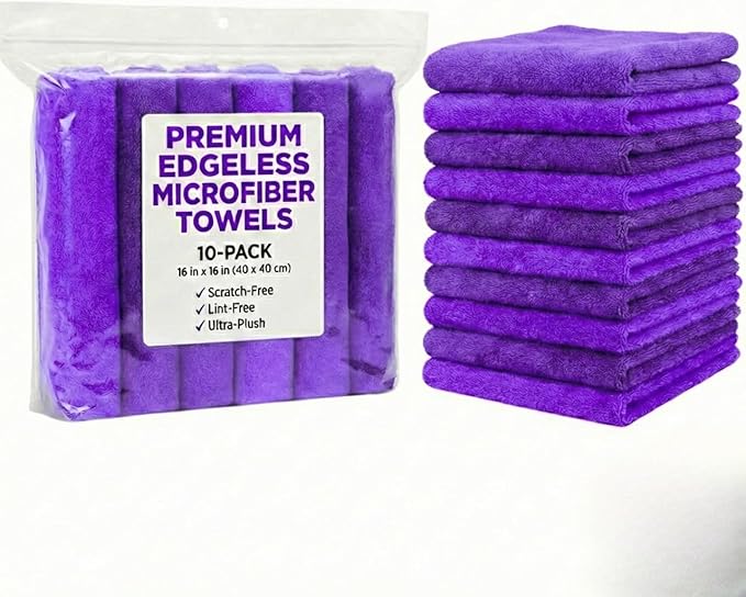 10 Pack Pak Details Edgeless Microfiber Towels for Cars | 16x16 Ultra-Soft, Scratch-Free & Lint-Free Car Detailing Microfiber Cloths for Buffing & Coating | Purple Seamless Finish Auto Cleaning Rags