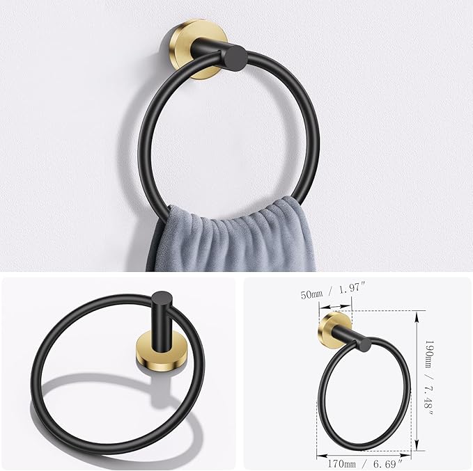 Lairuier Bathroom Hardware Set, 4-Piece Towel Holder Set Include Toilet Paper Holder,Towel Ring and 2 Towel Hooks Stainless Steel Wall Mounted Bathroom Hardware Accessories Set (Black and Gold)