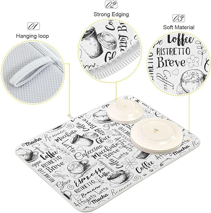 Coffee Cups Print Dish Drying Mat for Kitchen Counter Absorbent Microfiber Drying Pad, Medium 16x18 in, Reversible Drainer Mats