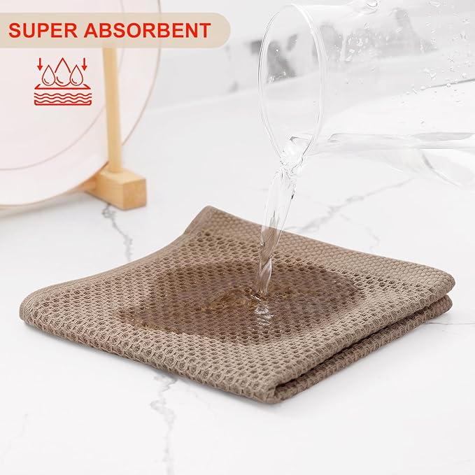 Kitinjoy 100% Cotton Kitchen Dish Cloths (12 X 12 Inches, Tan), 12 Pack Waffle Weave Ultra Soft Absorbent Dish Towels for Drying Dishes Quick Drying Kitchen Towels Dish Rags
