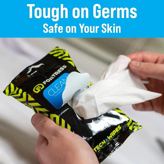 Fortress Electronic Wipes With Microfiber Cloth (25 ct, Pack of 64) To-Go Tech Wipes for Screens, Phones, Keyboards, TV Monitors, Computer Screens, and More [Travel Size] Skin-Safe