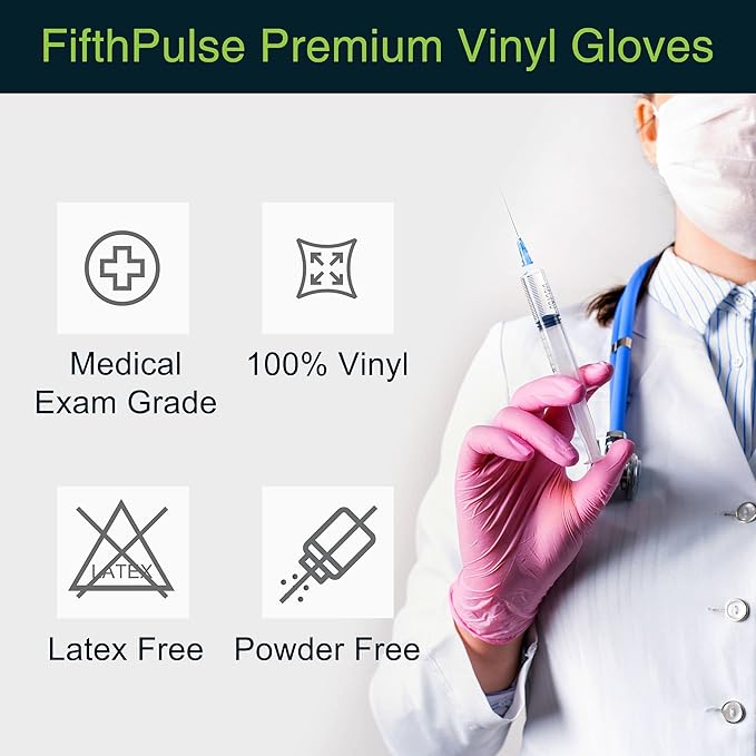 FifthPulse Pink Vinyl Disposable Gloves - Powder and Latex Free Medical Exam Gloves