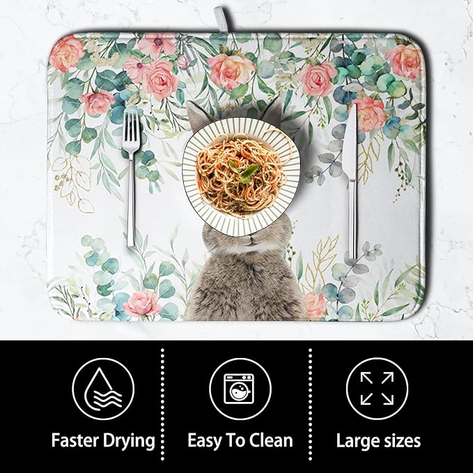 Easter Rabbit Dish Drying Mats for Kitchen Counter Easter Spring Watercolor Floral Bunny Absorbent Dish Drying Mat 18x24 Inch Absorbent Reversible Reusable Washable Dishes Drainer Mats
