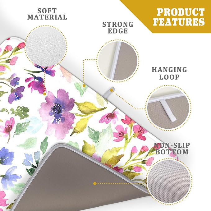 Spring Floral Dish Drying Mat for Kitchen Counter Flower Microfiber Absorbent Dish Draining Reusable Washable Foldable Extra Large 18"x24"