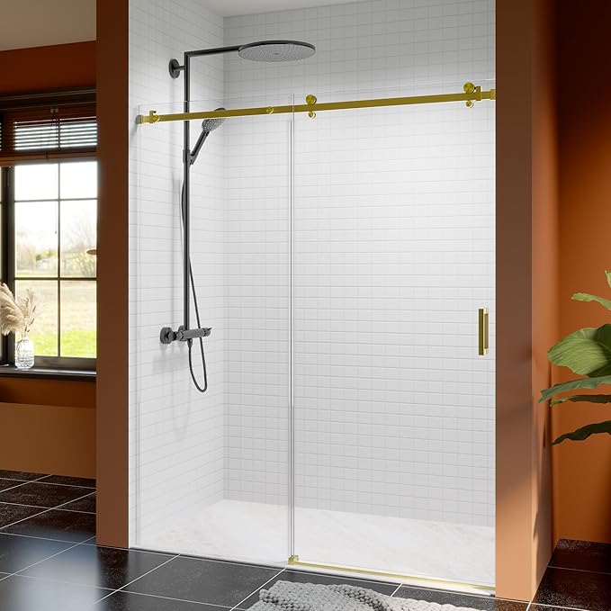 56-60 Inch Frameless Sliding Shower Door, 74" Height, 5/16" (8mm) Clear Tempered Glass, Smooth Gliding Track & Anti-Jumping System, Stainless Steel Brushed Gold Finish