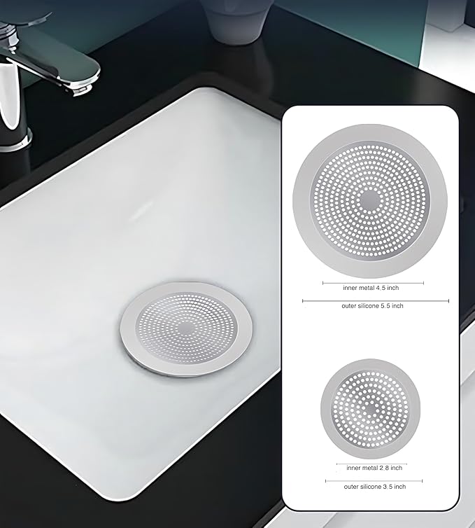 Round Shower Drain Cover Hair Catcher 5.5 inch, Hair Stopper for Bathtub Drain Bathroom Shower Drain Strainer Sink Protector Filter Weighted Stainless and Silicone Shield (5.5 in)