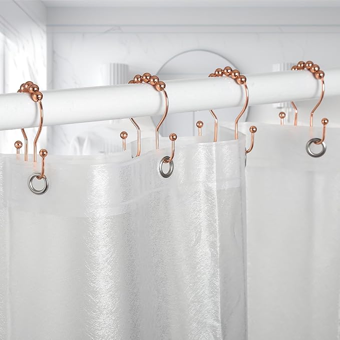Goowin Shower Curtain Hooks, 12 Pcs Shower Curtain Rings, Stainless Steel Shower Curtain Hangers, Double Hook Shower Curtain Hooks, Smooth Sliding Anti-Drop Shower Rings for Curtain (Rose Gold)