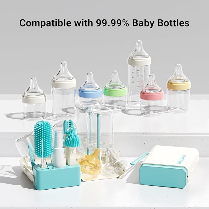 Baby Bottle Brush Cleaner Set - 10 in 1 Travel Bottle Cleaning Brush Kit with Silicone Bottle Brush, Nipple Brush, Soap Dispenser, Portable Drying Rack, Breast Pump & Bottle Cleaning Kit - Lake Green