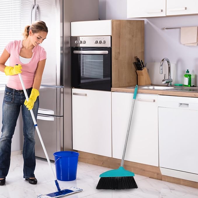 Household Soft Bristle Broom with Long Handle, Green Plastic Floor Sweeping Broom for Home and Garage Cleaning, Lightweight Indoor Outdoor Use