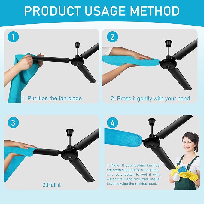 4 PCS Ceiling Fan Duster Kits,100% Microfibre Fan Blade Cleaner for high Ceiling Fan Blades.Machine Washable and Reusable,Includes 2 Ceiling Fan dusters and 2 Microfibre Towels (Blue)