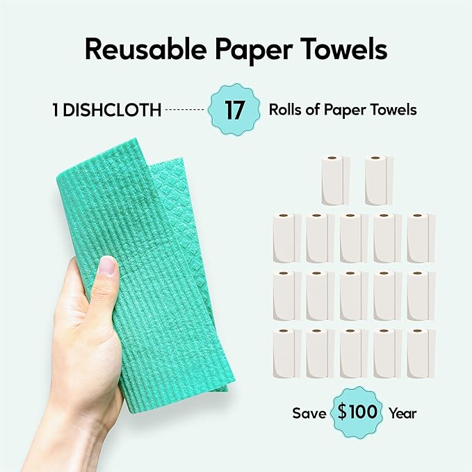 Swedish Dishcloths for Kitchen, 5 Pack Swedish Dish Cloths, Ultra Absorbent Reusable Paper Towels, Cellulose Sponge Cloths, Quick Drying, No Odor, Dishwasher Safe Mint Green