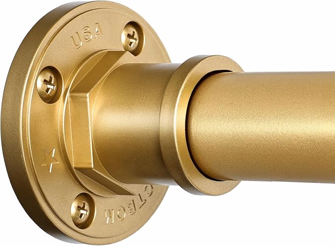 BRIOFOX Industrial Shower Curtain Rod - 2-in-1 Design Tension Curtain Rod - Rustproof Non-Slip 43 to 72 Inch Metal Steel, Frosted Gold Painted Window Curtain Rod