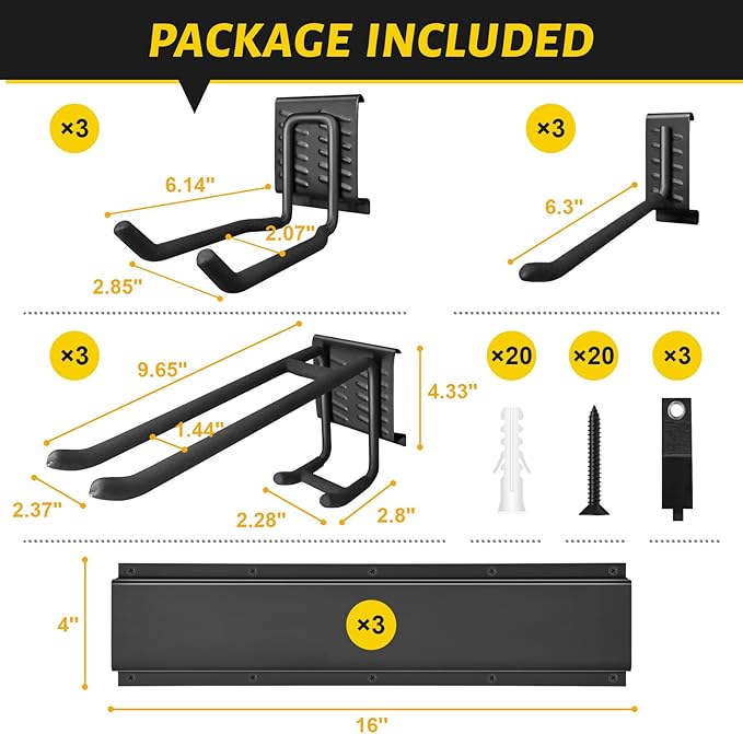 Garage Tool Organizer Wall Mount, 48 Inches Garden Garage Storage Organizer with Adjustable Hooks, Metal Garage Storage Rack Max Loading 440lbs, Tool Holder for Hanging Rake Broom Mop Snowboard