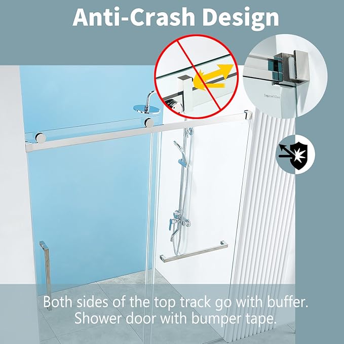 56-60" W x 76" H Frameless Single Sliding Shower Door, Frameless Shower Door, Shower Glass Door with 5/16" (8mm) Clear SGCC Tempered Glass, Stainless Steel Hardware O01 (2 Roller - Chrome)