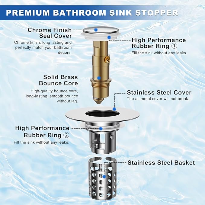 Upgraded Bathroom Sink Stopper, Sink Drain Strainer for 1.1-1.45 Inch, Brass Bullet Core, All Metal Cover, Pop Up Stainless Steel Drain Filter with Basket Hair Catcher, Round Design