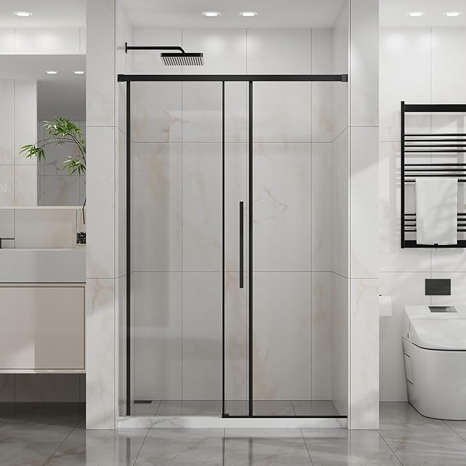 Semi-Frameless Shower Door 48" W x 72" H, 1/4" Clear Tempered Glass, Sliding Design, Reversible Installation, Matte Black Finish, Space-Saving Glass Shower Door for Small Bathrooms