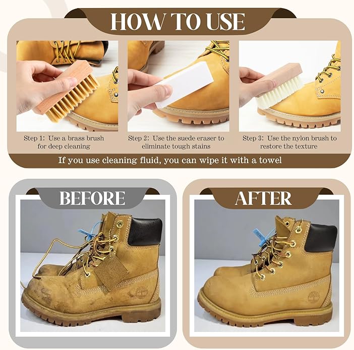 Enhon 5 Piece Suede and Nubuck Cleaning Kit with Brass & Nylon Brushes, 2 Suede Eraser, Microfiber Towel for Shoes, Boots, Bags, Jackets Long Lasting Care Solution