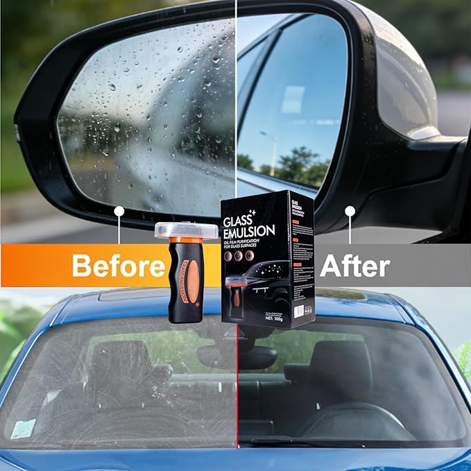 【2PCS】Glass Guard, Glass Oil Film Remover for Car, Glassy Emulsion Cleaner Roll-On Glass Compound with Cleaning Board, Removes Oil Film & Smudges, Improve Windshield Clarity for Safe Driving (100ml*2)