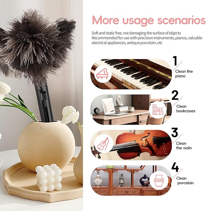 2-Pack Feather Duster Bundle: Ostrich Feather Duster (extendable from 10 to 15 inches) & Lambswool Duster (14.9 inches, Wooden Handle) - Anti-Static, Reusable, Eco-Friendly for Home, Car,