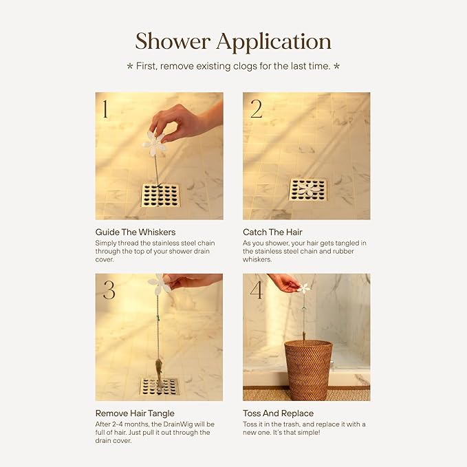 DrainWig Shower Drain Hair Catcher – Disposable Silver Flower (4-Pack) – No-Touch Hair Removal for Flat Shower Drains – As Seen on Shark Tank