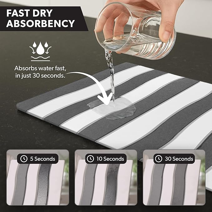 Large Diatomite Stone Dish Drying Mat for Kitchen Counter, 2 PCS Quick Dry Diatomaceous Earth Stone Dishes Mats for Countertop, Non-Slip Base, Foldable Design (Gray & White 24"×16" & 11"x5")