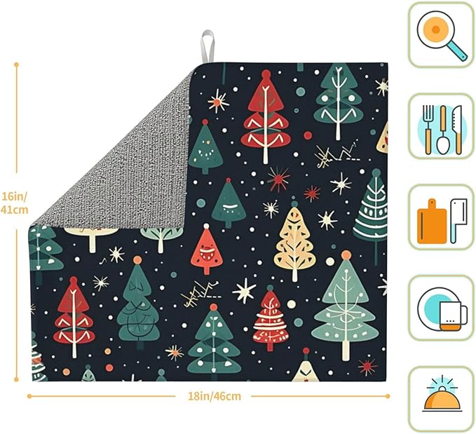 Cute Christmas trees Dish Drying Mat 16x18 inches Microfiber Absorbent Fast Dry Mat for Kitchen Counter Coffee Bar Christmas Large Drying Mat Kitchen Decor Gifts (Christmas Trees, 16x18 inches)