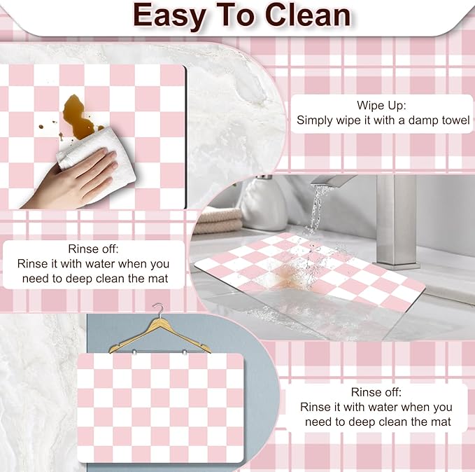 Dish Drying Mat for Kitchen, 16’’ X 18’’ Coffee Bar Mats for Countertop Fit Under Coffee Maker, Checkered Drying Mat, Hide Stain Rubber Backed Espresso Machine Absorbent Drying Pad, Pink & White