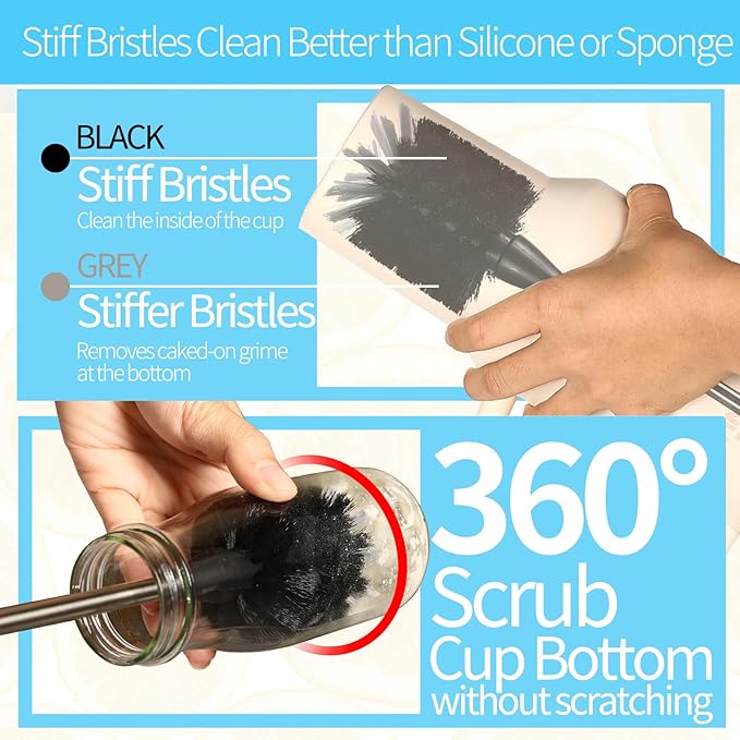Bottle Brush Set 4 Pack - 15 Inch Long Handle Bottle Brush Cleaner with Stainless Steel Shaft, Straw Cleaner Brush and Lid Brush for Bottles, Thermos, Glasswares, Mugs, Cups, Tumblers