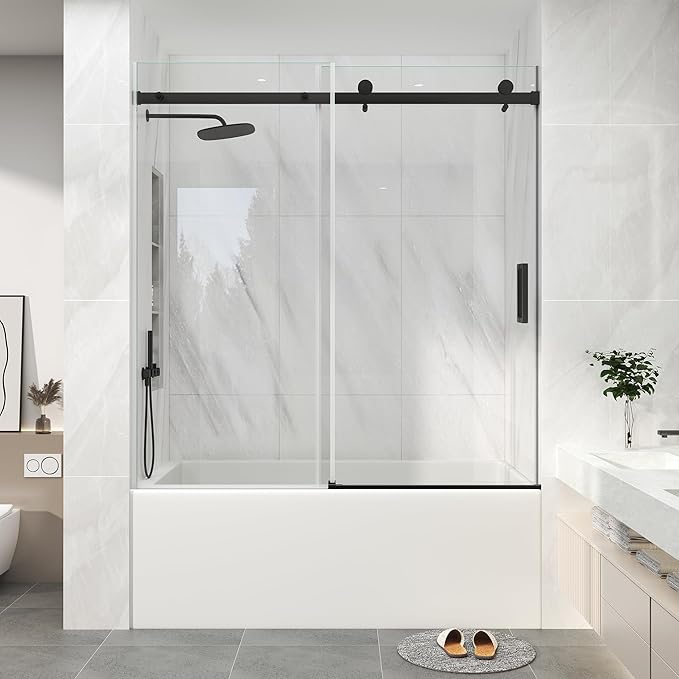 KPUY Frameless Sliding Bathtub Door, 55-60" W x 60" H Tub Shower Door, 1/4" (6mm) Thick Tempered Clear Glass with Explosion-Proof Film Nano Coating, Matte Black