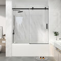 KPUY Frameless Sliding Bathtub Door, 55-60" W x 60" H Tub Shower Door, 1/4" (6mm) Thick Tempered Clear Glass with Explosion-Proof Film Nano Coating, Matte Black