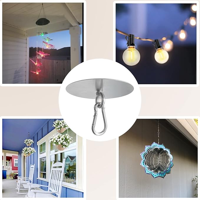 Adhesive Ceiling Hooks 4 Pack Stainless Steel Sticky Pad Eye Plate Snap Hooks Wall Hooks Wind Chime Hanger for Hanging Plants Wind Spinners Decorations in Bathroom Kitchen Porch RV No Drill