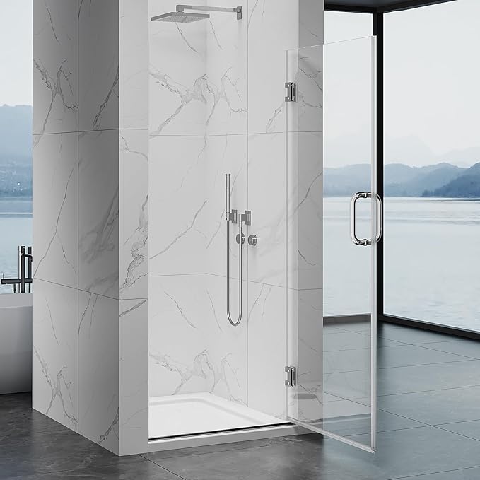 Framelss Single Swing Hinged Shower Door, 28"W x 76"H Pivot Shower Door, 5/16" (8mm) Tempered Glass with Nano Coating, SGCC Certified, Glass Door for Walk-in Shower - L02-28 (Bright Chrome)