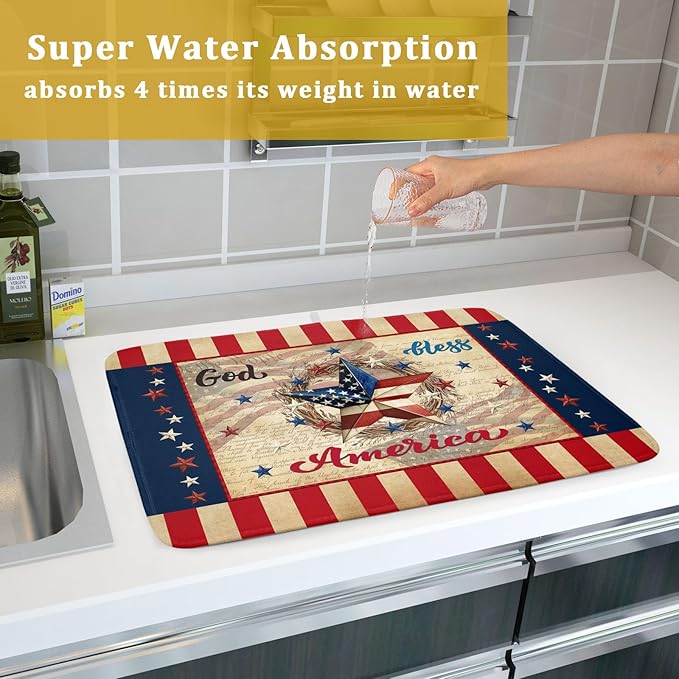 4th of July God Bless Dish Drying Mat for Kitchen Counter,American Flag Star Patriotic Independence Day Drying Mat 18 x 24 Inch with Absorbent Reversible Microfiber Drying Pad for Coffee Bar