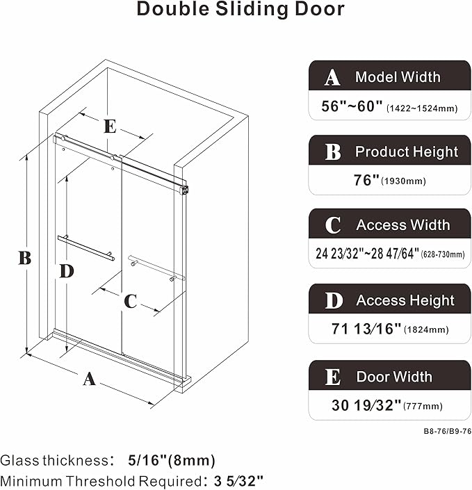 Frameless Sliding Shower Door, 60" W x 76" H Glass Shower Door with 5/16" (8mm) Clear Tempered Safety Glass, Stainless Steel Hardware, Double Sliding Shower Door, Brushed Gold