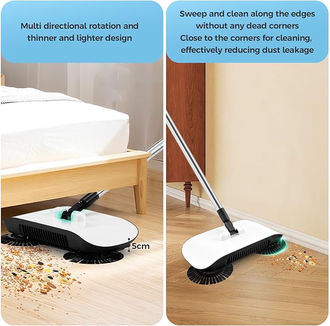 Manual Floor Sweeper Black - 7 Replacement Parts, Dry Wet Pickup for Hardwood Tile Marble, Pet Hair Small Debris Cleaner, No Power Needed, Home Office Use