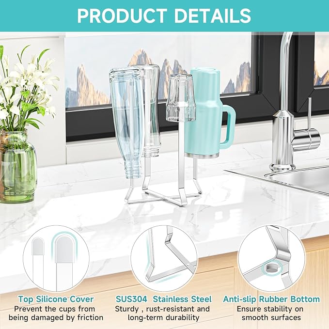 Bottle Drying Rack Reusable Drying Rack for Bottles Metal Foldable Water Bottle Dryer Holder Space Saving Cups Dryer Racks Kitchen Stand Holder for Plastic Bags, Bottles and Cups (Silver, 1PC)