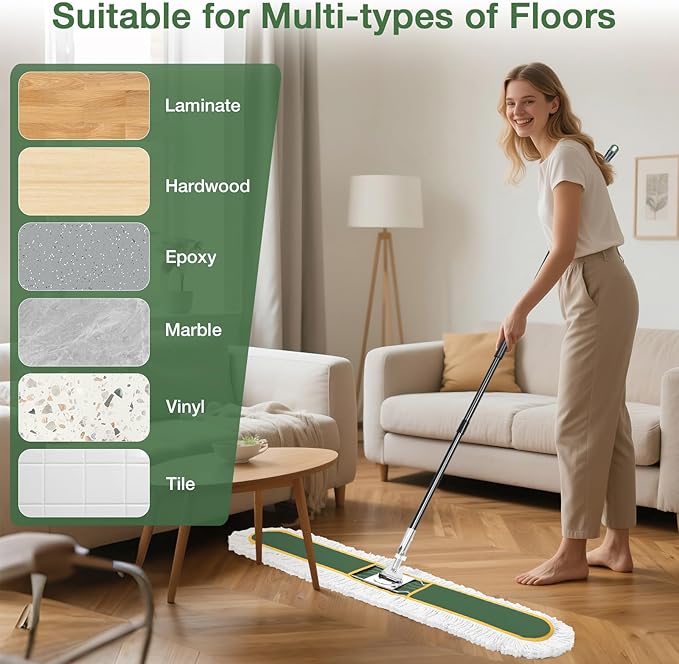 48" Commercial Industrial Dust Mop, CLDREAM Heavy Duty Floor Sweeper for Floor Cleaning with Replacement Mops Pads, Large Wet Dry Mop for Office Garage Hardwood Warehouse Factory Mall