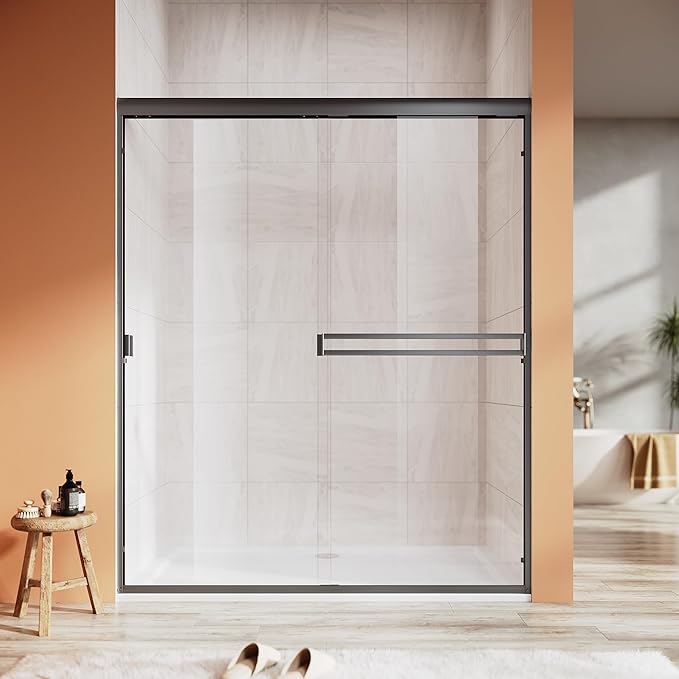 Shower Door 56-60 in. W x 72 in. H, UCALAFEE Semi-Frameless Double Sliding Shower Door with 1/4" (6mm) SGCC Clear Tempered Glass, Silent Soft-Close & Anti-Leak Walk-in Shower Door, Matte Black