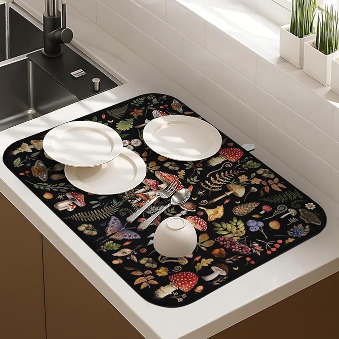 Dish Drying Mat Drainer Pads - Extra Large Microfiber Drying Mats for Dishes Kitchen Counter Super Absorbent Pads for Draining Racks (Black,16"x18" )