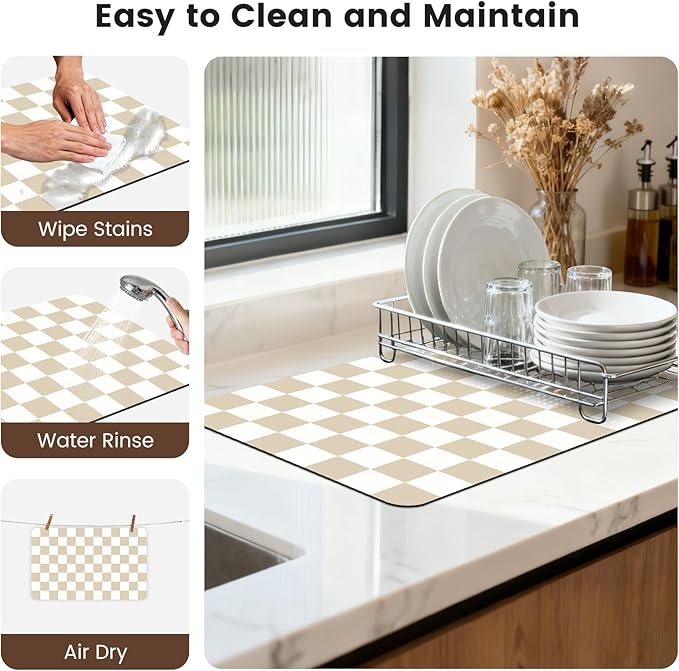 16" x 24" Checkered Dish Drying Mat for Kitchen Counter, Absorbent Coffee Bar Mat for Espresso Machine Coffee Countertops Accessories (Khaki)