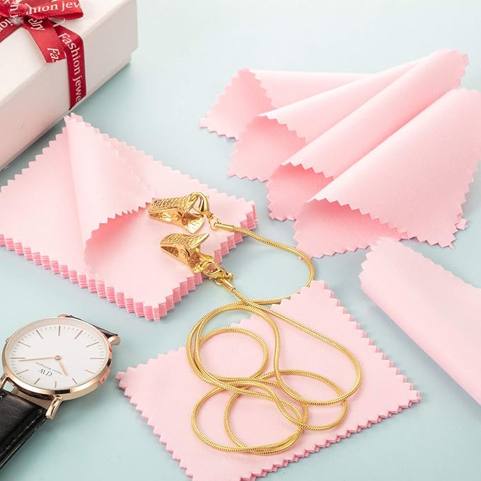 Tatuo 200 Pieces Jewelry Polishing Cloth 2.36 x 3.15 Inch Double-Sided Polishing Cloths Silver Glasses Cleaning Tools for Gold Silver and Platinum Jewelry Watch Coins Glasses(Pink)