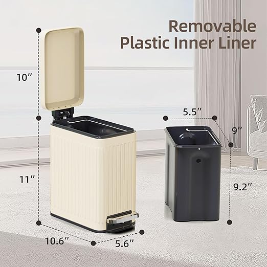 Bathroom Trash can with lid Soft Close, 6 Liter/1.6 Gallon Step Pedal Stainless Steel Garbage Can, Small Wastebasket for Toilet, Office, Bedroom, Kitchen (Beige)