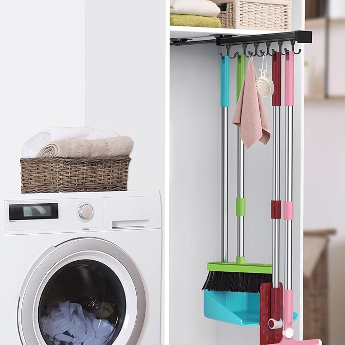 Pull Out Broom Holder With Adjustable Double Row Sliding Hook, Multifunctional Slide Broom And Mop Storage/Organizer Garage Organization Hooks, for Closet Laundry Garage Cupboard Kitchen