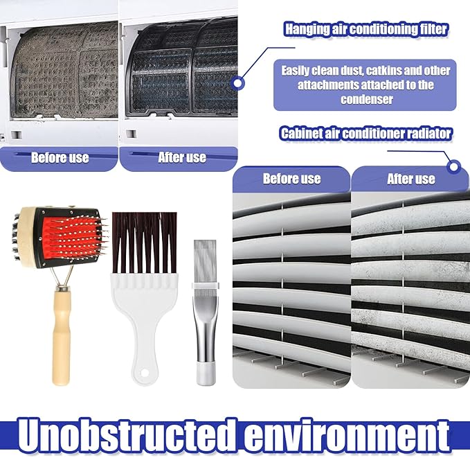 BOJACK Air Conditioner Condenser Fin Cleaning Brush Kit, Fridge Coil Cleaning Brush Supplies, Evaporator Radiator Fin Repair & Fridge Cleaning Tool, Stainless Steel HVAC Coil Cleaner for AC(Pack of 3)