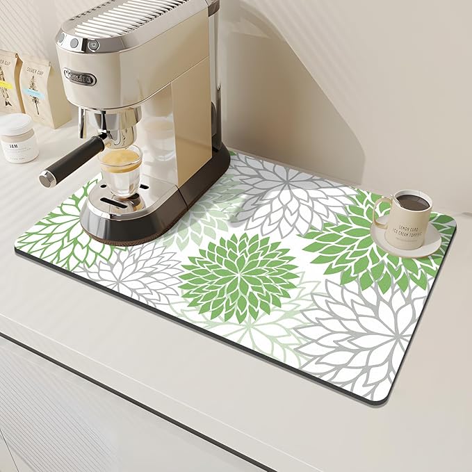 Findosom 2PCS 16" x 24" Dish Drying Mat & 24" x 5.5" Sink Splash Guard, Super Absorbent & Cuttable Dish Mat Drying Kitchen Mat with Green Floral, Hide Stain Drying Mat for Kitchen Counter