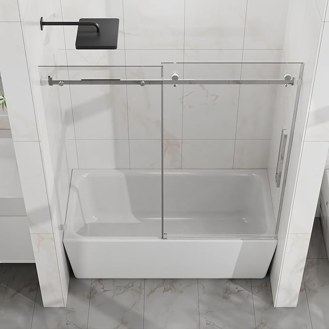 Frameless Sliding Bathtub Door 60" W x 58" H, 1/4" Clear Tempered Glass, Reversible Installation, Stainless Steel Hardware, Chrome Finish, Space-Saving Glass Tub Shower Door for Bathrooms