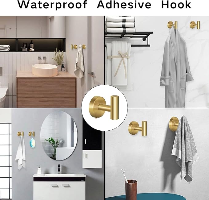 Towel Hooks Bathroom Coat Hooks Robe Hook Stainless Steel Heavy Duty Door Hanger Towel Robe Clothes Cabinet Closet Sponges Wall Hook for Bedroom Kitchen Hotel 4 Packs (Gold)