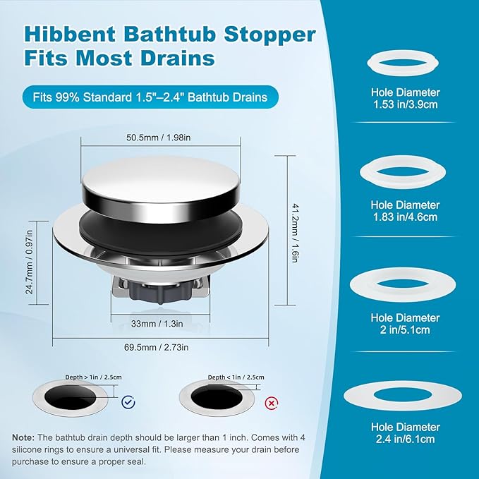 Hibbent 2 Pack 3 in 1 Metal Bathtub Drain Stopper, Universal Pop Up Tub Stopper with Removable Filter Basket, Anti-Clogging Bathtub Hair Catcher for 1.5''~2.4'' Drain, Brass Bullet Core, Chrome