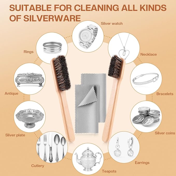 4 Pcs Horsehair Silver Cleaning Dauber Brushes Sterling Detail Polish Applicator Set with Polishing Cloth for Silverware Plateware Jewelry Cleaner(Style C)